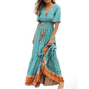 R. Vivimos Floral V-neck Tie Waist Tiered Boho Maxi Dress size L 12/14 Teal